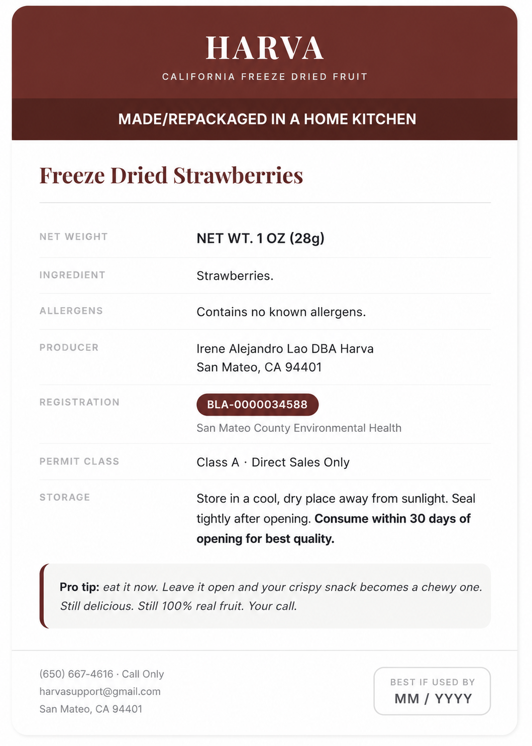 Harva freeze dried strawberries ingredient label — one ingredient, no additives